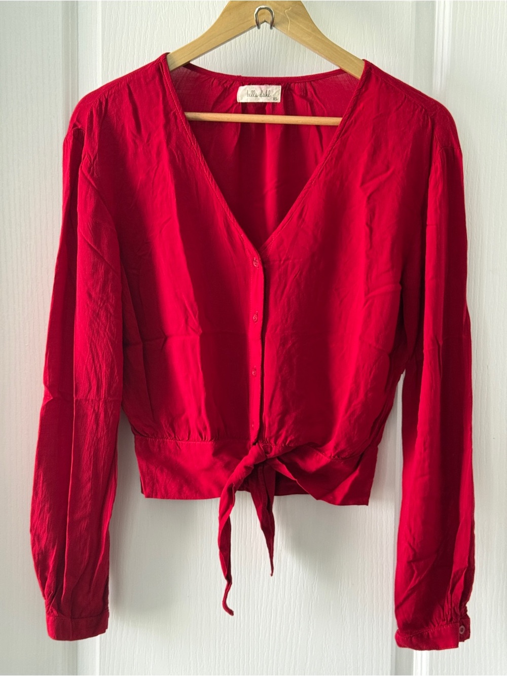 Bella Dahl V-Neck Long-Sleeve Tie-Front Crop Blouse Red Women’s Size XS